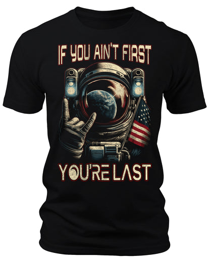 Men's If You Ain't First Astronaut Space T-Shirts Patriotic Short Sleeve Crewneck Graphic Tees