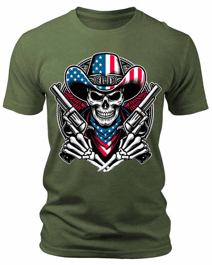 Men's Patriotic Skeleton Cowboy T-Shirts Short Sleeve Crewneck Graphic Tees