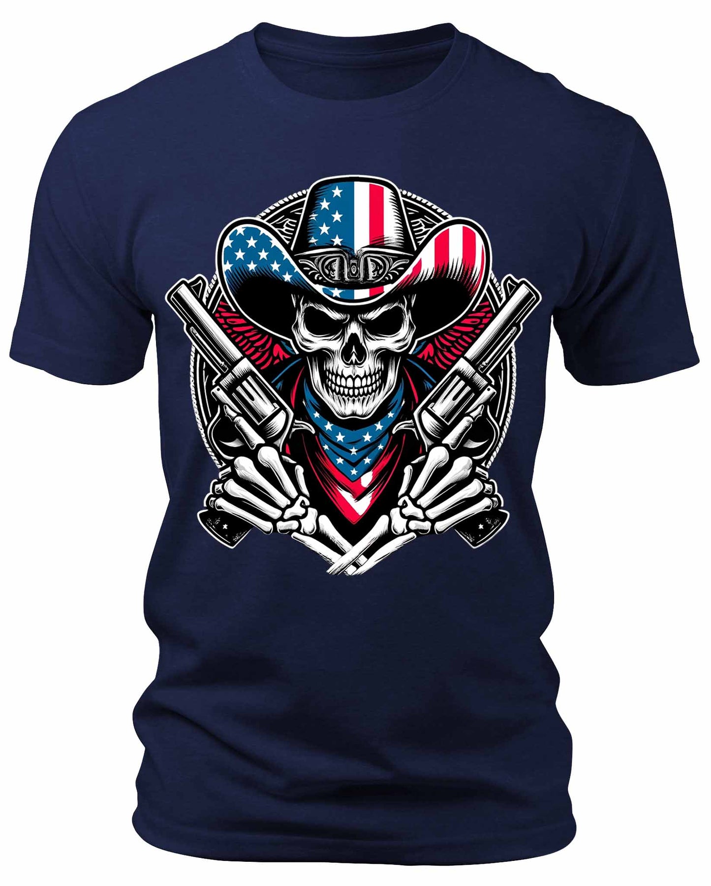 Men's Patriotic Skeleton Cowboy T-Shirts Short Sleeve Crewneck Graphic Tees