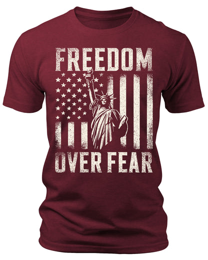 Men's Freedom Over Fear Lady Liberty T-Shirts Patriotic Short Sleeve Crewneck Graphic Tees